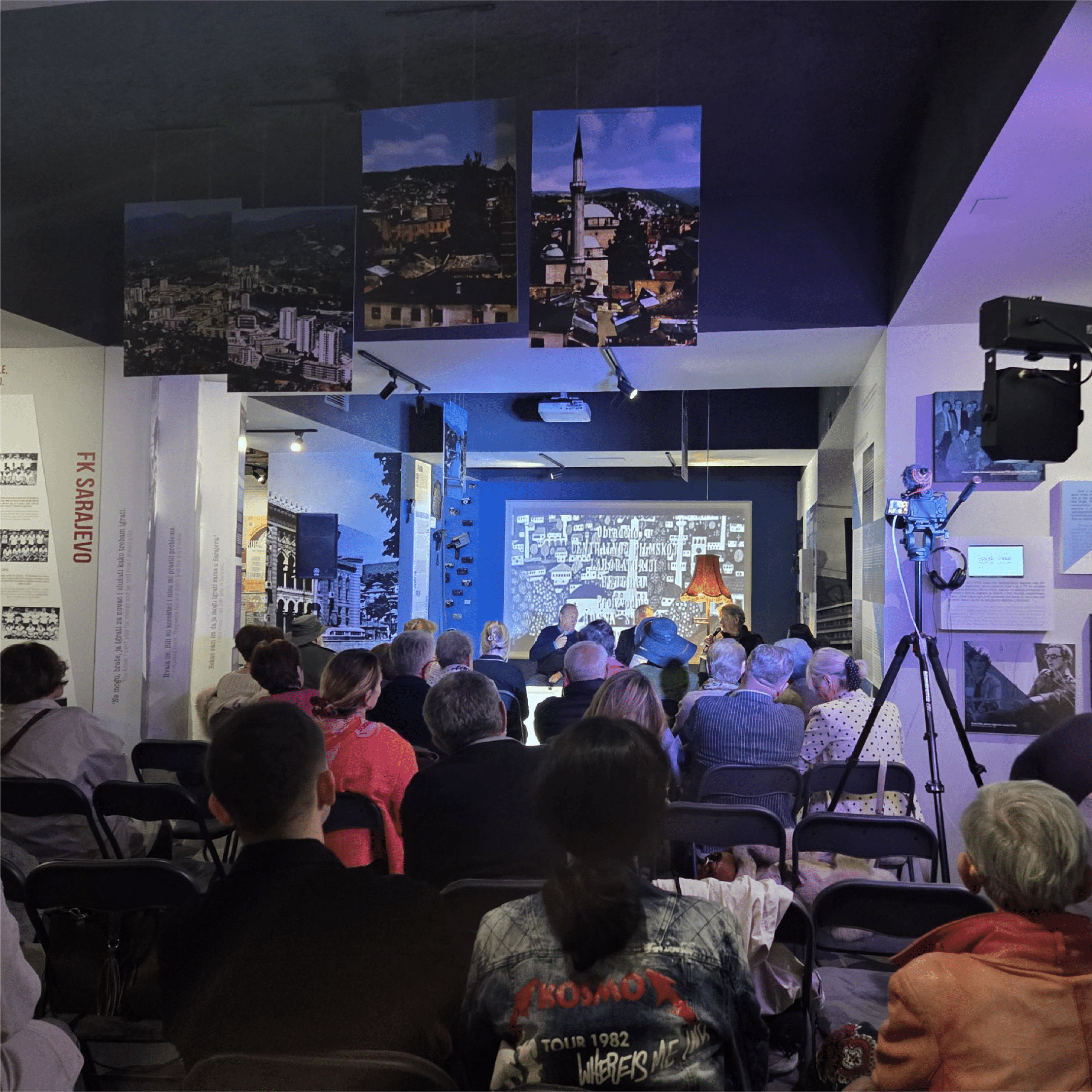 Planet Sarajevo exhibition featuring interactive projections and historical storytelling