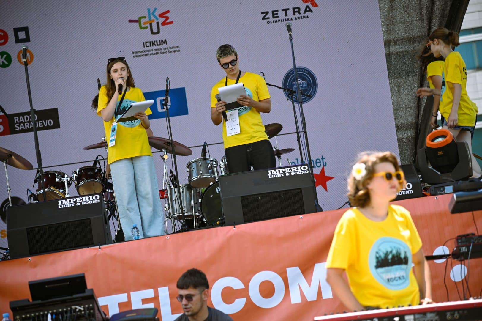Audience and young musicians celebrating Sarajevo Rocks 2026, a youth rock music event organized by Planet Sarajevo in Sarajevo, Bosnia and Herzegovina.
